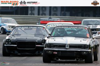 Niel Reynecke (Executive Chev CanAm) and Anton Raath (Executive Chev Camaro) fought for podium places in the Marboro Crane Hire Pre-1980 Saloon Car races