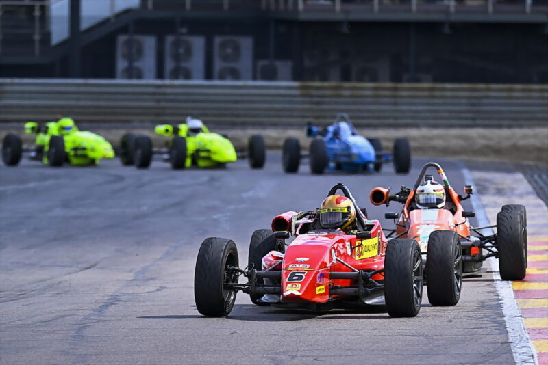 Theodore Vermaak (DOE Quality Parts Forza) won both the races for DOE Quality Parts Formula Vees, followed over the finish line by Gert van den Berg (Start My Car Rhema). Photograph: Dave Ledbitter