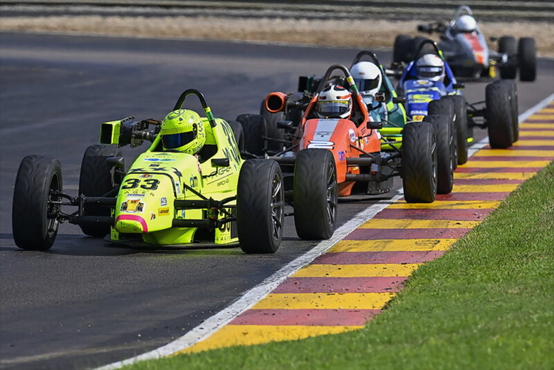 Brandon Hills (Mangaza MXTwo Rhema 2) took the day’s second DOE CIM Fuel Formula Vee race. Photograph: Dave Ledbitter