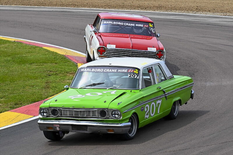 Mark du Toit (TAR Ford Fairlane) could spray champagne after Saturday’s Marlboro Crane Hire Pre-1966 Production Car races. Photograph: Dave Ledbitter