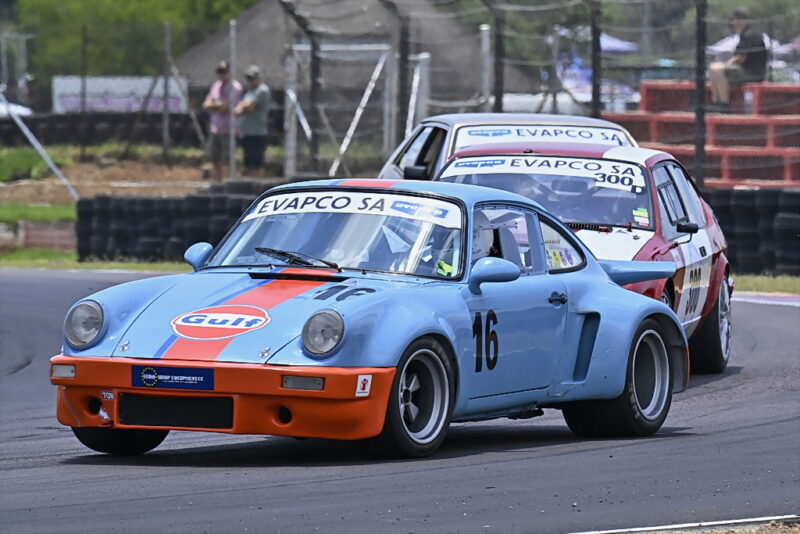 George Avvacoumides (Euro Shopfitting Porsche RSR) could stand on the podium after the races for Evapco Historic Saloon Cars. Photograph: Dave Ledbitter